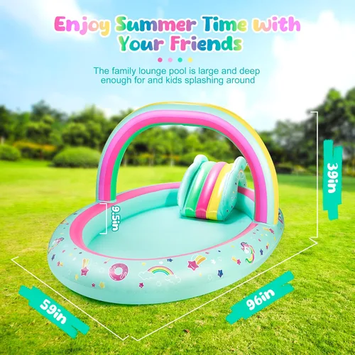 Miniatura 4 de SULIFEEL Centro de Juegos Inflable de Unicornio Arcoíris Piscina para Niños con Tobogán y Aspersor para Niños, 96"x59"x39" pulgadas Piscina