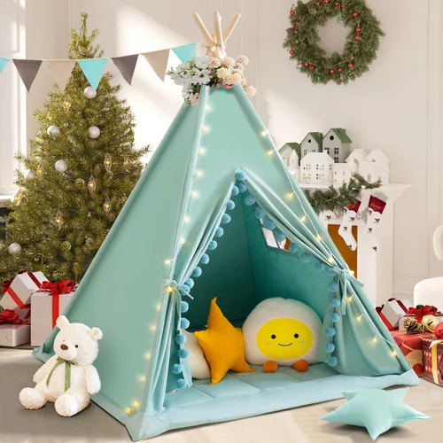 Miniatura 13 de WIRHAO Tienda de campaña tipi para niños con alfombrilla acolchada, lona de algodón, tipi con pompón para niños pequeños, tienda de campaña