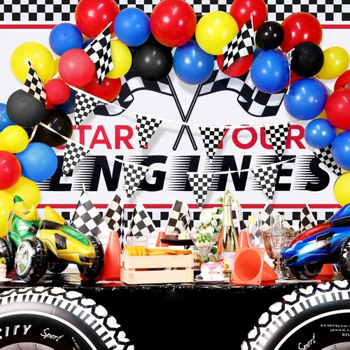 Miniatura 5 de Juego de decoración de fiesta de auto de carreras, 1 telón de fondo de Start Your Engines, 1 mantel de carreras, banderas a cuadros blancos y negros