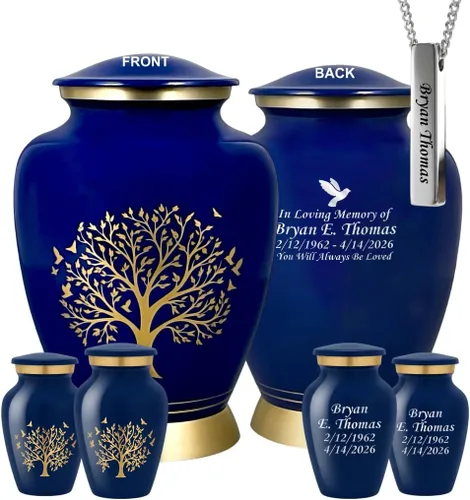 Miniatura 16 de Juego de 6 urnas funerarias decorativas negras y doradas personalizadas/grabadas para cenizas humanas, hombres y mujeres, con 1 urna grande