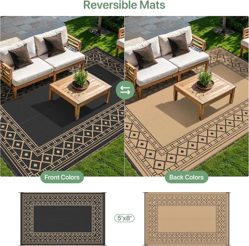 Miniatura 4 de GENIMO Alfombra de Exterior 5'x8' Impermeable para Patio, Alfombra de Paja de Plástico Reversible para Exteriores, Alfombras de Camping para Negro