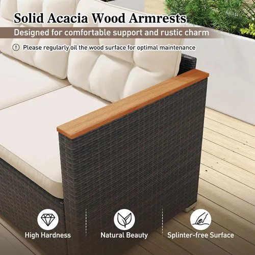 Miniatura 8 de Tangkula Sofá de mimbre para patio de 3 plazas, juego de muebles de ratán de 3 plazas con reposabrazos de madera de acacia y cojín grueso, sofá