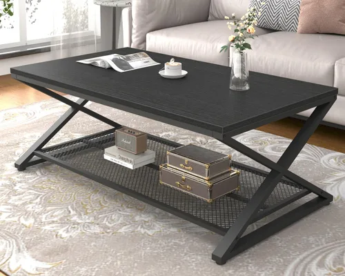 Miniatura 12 de LVB Mesa de café rústica, mesa de cóctel de té de madera y metal industrial de 2 niveles con almacenamiento para sala de estar, mesa central Marrón