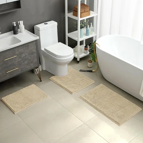 Miniatura 2 de HOMEIDEAS Juego de 3 alfombras de baño, ultra suaves, antideslizantes, absorbentes, de chenilla, juego de alfombrillas de baño para inodoro (beige)
