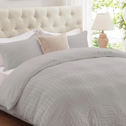 Miniatura 8 de Cozyide Beige Queen Duvet Cover Set, 3 Pieces Soft Seersucker Queen Size Duvet Cover with Zipper Closure and Corner Ties, 90"x90" Duvet Cover with 2