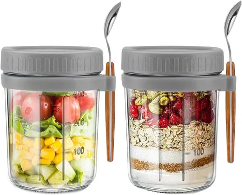 Miniatura 7 de Recipientes de avena con tapas y cuchara, juego de 2 frascos herméticos de 12 onzas con marcas de medición, vasos reutilizables para yogur de Blanco