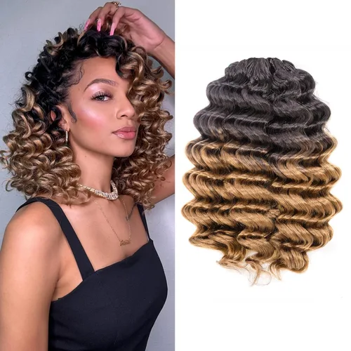Miniatura 33 de Cabello de ganchillo con ondas oceánicas, 12 pulgadas, 8 paquetes de 3 tonos, cabello rizado de longitud media, rizado y ondulado profundo