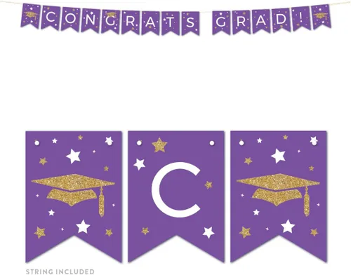 Andaz Press Colección de fiesta de graduación con purpurina de color morado real y dorado, pancarta colgante con cuerda, Congrats Grad!, 5 pies, 1