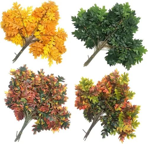 Miniatura 5 de 6 tallos de hojas de roble artificiales, ramas de árbol de roble sintético, plantas verdes para decoración floral de pared verde (amarillo) 29.5 in