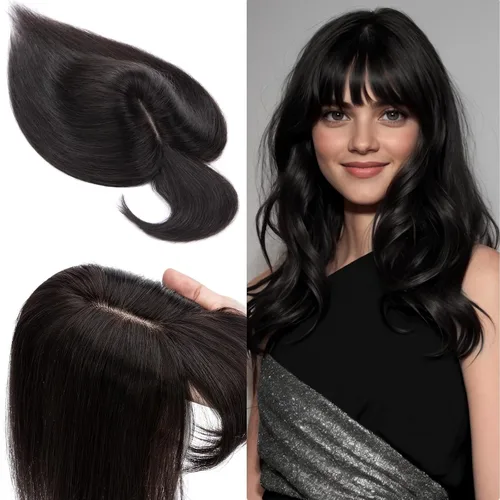 Miniatura 15 de SEGO Toppers de cabello humano 100% real, con flequillo de aire, base de seda 150% de densidad, topper con clip, 2.7 x 5.1 pulgadas, piezas