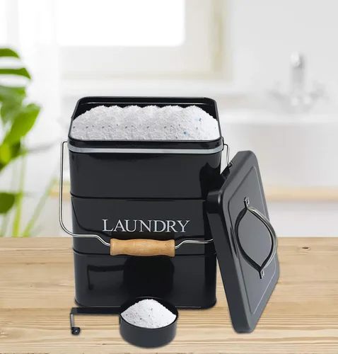 Miniatura 5 de Contenedor de polvo para ropa sucia, lata de almacenamiento de polvo de lavado con cuchara, tapa hermética y asas, caja de almacenamiento de Negro