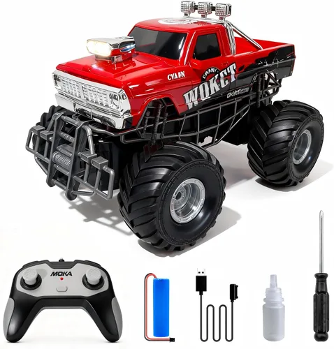 Camión Monstruo RC de Alta Velocidad de Nivel de Entrada rojo con Luz y Rociador 2.4GHz Vertical Rotación 360° 4WD Camiones Monstruo Coches RC, 20+