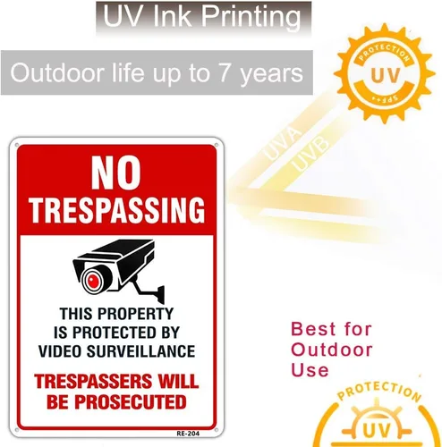 Miniatura 4 de Paquete de 2 letreros de metal grandes sin tropiezos de videovigilancia, 10 x 14 pulgadas, aluminio libre de óxido, propiedad protegida por cámara