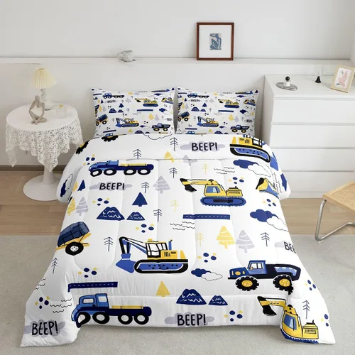 Juego de edredón de camión de construcción para niños, tamaño individual, juego de ropa de cama de automóviles de dibujos animados para niños,