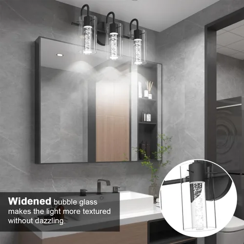 Miniatura 8 de Aipsun Lámparas de baño, luces negras de tocador con cristal de burbujas, 3 luces LED modernas, accesorios de iluminación de pared de baño sobre