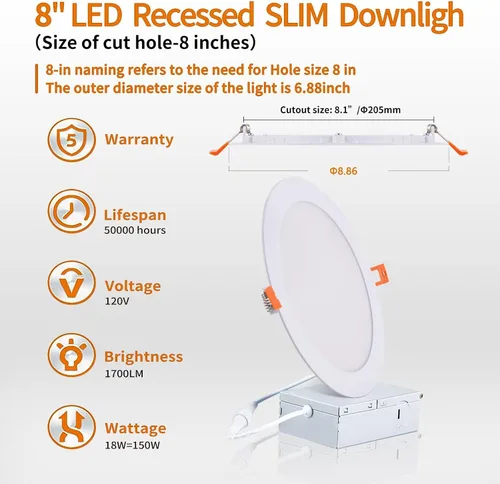 Miniatura 6 de Luz empotrable LED de 8 pulgadas, luz diurna de 18 W y 6000 K, no regulable, 1 paquete de iluminación LED empotrable ultrafina con caja