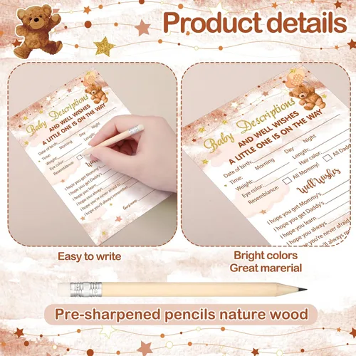 Miniatura 5 de Sherr 320 juegos de baby shower de oso marrón: 6 juegos, 50 hojas cada uno, 20 lápices, incluye descripciones, deseos, adivina quién, bingo