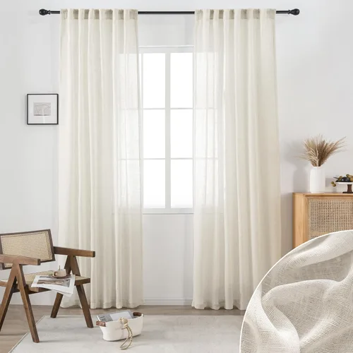 Miniatura 13 de Cortinas de lino transparente color crema de 96 pulgadas de largo para sala de estar, 2 paneles con bolsillo con pestaña trasera, suaves, naturales