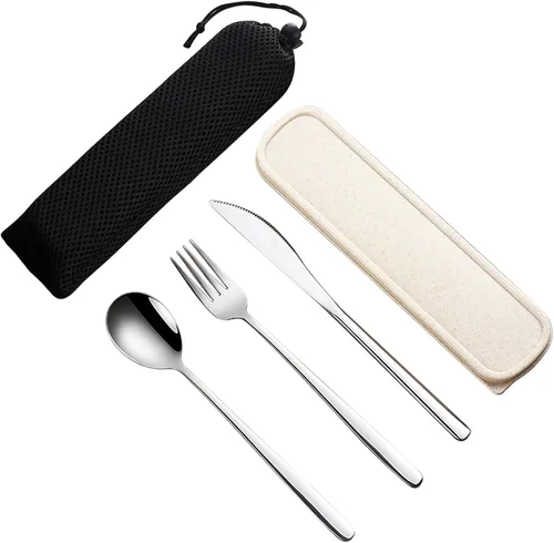 Miniatura 13 de VANRA Juego de utensilios de viaje portátiles de 3 piezas con estuche, juego de cubiertos de acero inoxidable 18/8, juego de cubiertos reutilizables