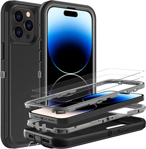 YKHJKLEC Funda para iPhone 14 Pro, grado militar 3 en 1, resistente a los golpes, a prueba de caídas, polvo con 2 protectores de pantalla de vidrio