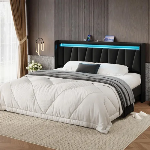Miniatura 13 de SHA CERLIN - Base de cama Queen con estación de carga y luces LED, cama moderna de plataforma de terciopelo con cabecero tapizado geométrico,