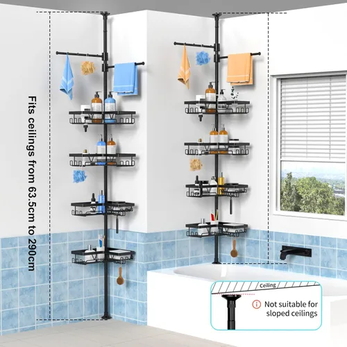 Miniatura 7 de KEGII Estante de Ducha Negro con Barra de Tensión y 2 Barras para Toallas, Organizador de Esquina Ajustable para Baño, Estantes de Almacenamiento