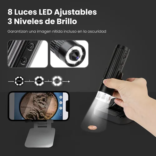 Miniatura 5 de Microscopio digital inalámbrico M2C 50X-1000X Microscopio portátil de mano 1080P HD con soporte ajustable, mini microscopio USB para monedas, lupa