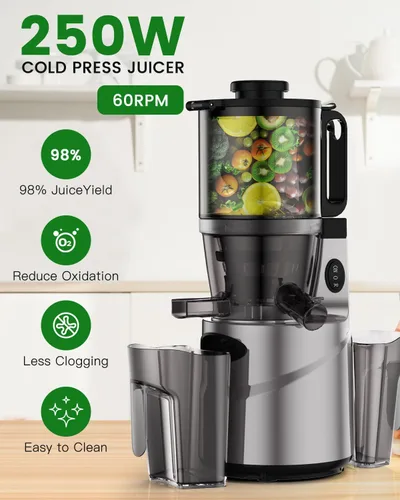 Miniatura 6 de Exprimidor de prensa en frío – Conducto de alimentación de 5.5 pulgadas, exprimidor masticador para frutas y verduras enteras, barrena de corte