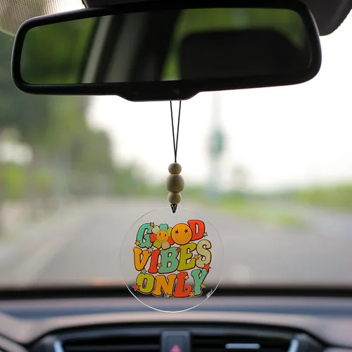 Miniatura 3 de Talataca Good Vibes Only - Adorno plano 2D para automóvil y cuentas de madera, retro vintage feliz cara sonriente con cuentas accesorios para espejo