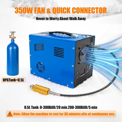 Miniatura 7 de Compresor de aire PCP, 4500Psi/30Mpa, motor de 350 W, diseño portátil único vertical+carrete de alambre, parada automática, sin aceite/agua