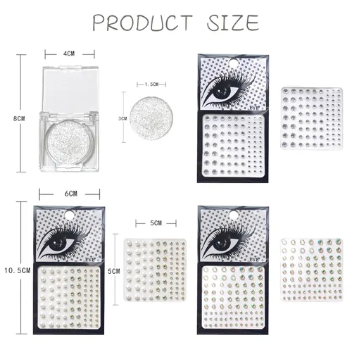Miniatura 7 de Sombra de ojos con purpurina plateada y 3 piezas de gemas faciales en barra, sombra de ojos y joyas para el cabello, diamantes de imitación