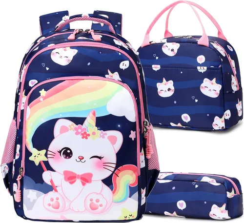 Miniatura 66 de Juego de mochila para niñas y adolescentes, mochila escolar para niños con bolsa para el almuerzo, estuche para lápices, mochilas escolares