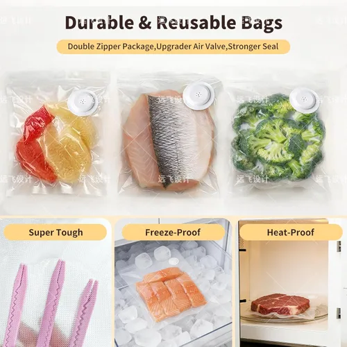 Miniatura 7 de Máquina selladora al vacío compacta para alimentos con 10 bolsas de vacío reutilizables, sella alimentos 5 veces más tiempo, portátil recargable