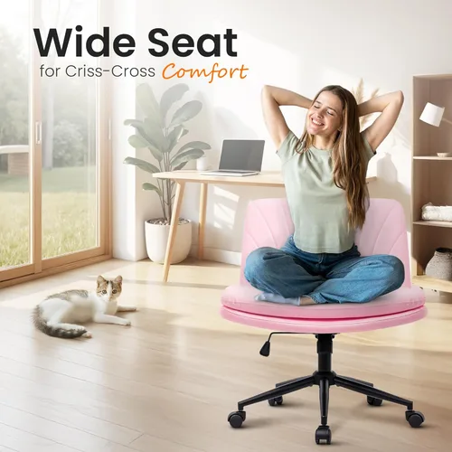 Miniatura 3 de NEO CHAIR Silla cruzada con ruedas, escritorio de tocador sin brazos, silla ancha y cómoda, patas cruzadas, computadora giratoria ajustable