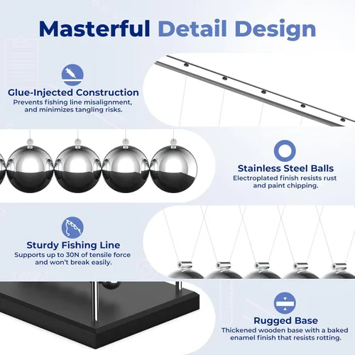 Miniatura 4 de Theefun Newtons Cradle Balance Péndulo 7 cuentas oscilantes bolas oscilantes de aproximadamente 50 segundos, juguetes de ciencia física, bolas