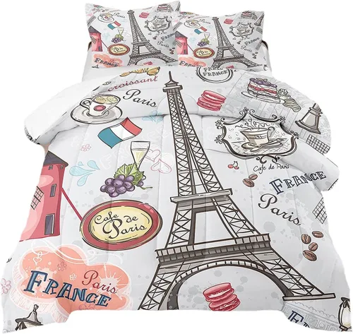 Miniatura 9 de Juego de edredón estilo París para niñas y adolescentes, edredón tamaño individual de la Torre Eiffel de Francia con 2 fundas de almohada con Rojo