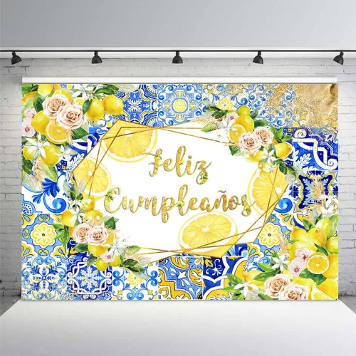 Miniatura 7 de MEHOFOND Telón de fondo de limón con diseño de feliz cumpleaños, azulejos azules, fondo mediterráneo de Marruecos, decoración de fiesta