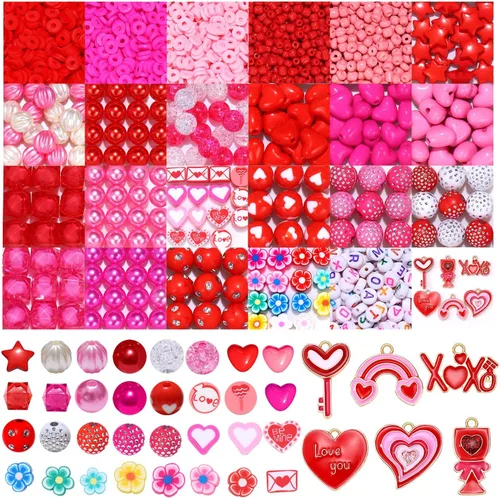 Paquete de 1645 cuentas para el día de San Valentín para hacer joyas, rosa, roja, rosa, roja, roja, heishi, perla, corazón, letra, cuentas sueltas