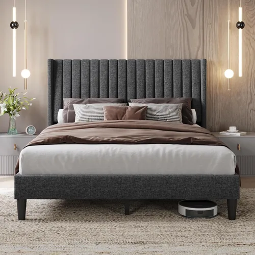 Yaheetech - Base de cama tamaño Queen con plataforma tapizada con cabecero de tela, diseño de borde alado/Antideslizante y libre de ruido/Soporte de