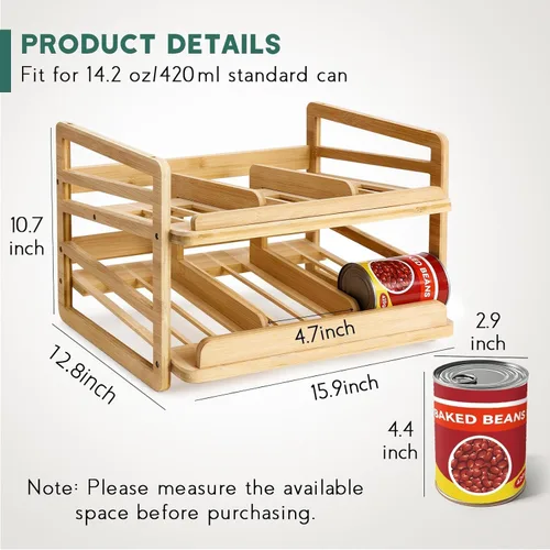 Miniatura 5 de Yumkfoi Estante organizador de latas de bambú, apilable de doble capa y almacenamiento para despensa, dispensador de productos enlatados