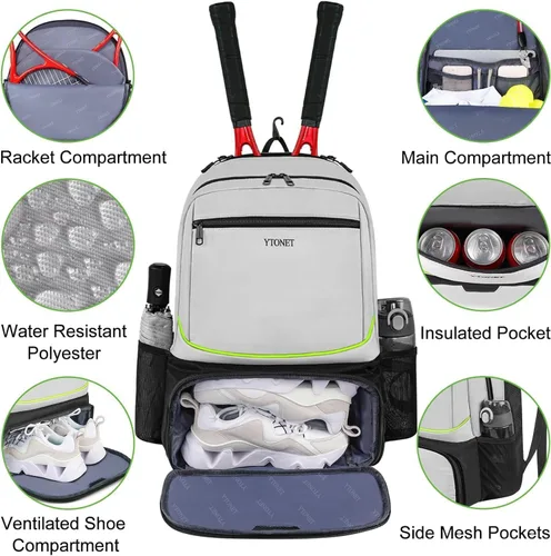 Miniatura 4 de Ytonet Tennis Bag Tennis Backpack for Women Men 2 Rackets with Insulated Pocket Ventilated Shoe Compartment Gris