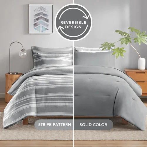 Miniatura 3 de Codi Juego de cama tamaño Queen en una bolsa, juego de ropa de cama matrimonial, moderno edredón de rayas grises y blancas con sábanas, juego