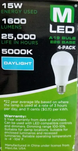 Miniatura 3 de Maxlite Paquete de 4 bombillas LED regulables A19 de 100 W, luz diurna 5000 K, color blanco