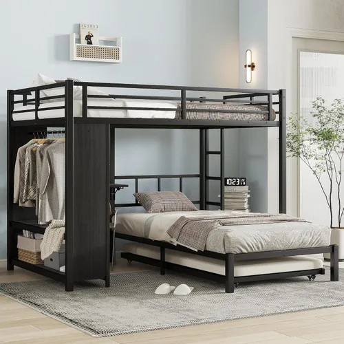 Full Over Twin Bunk Bed with Trundle and Ladders, Metal Bunk Bed Frame with Built-in Foldable Desk & Wardrobe, Space-Saving Beds for Kids Teens