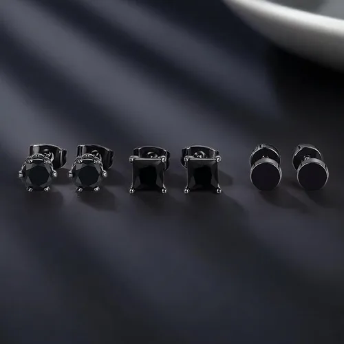 Miniatura 5 de 3 pares de aretes hipoalergénicos de circonita cúbica negra para hombres y mujeres, chapados en oro, cuadrados y redondos, aretes para orejas