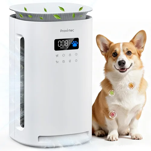Provirtec Purificador de aire para mascotas domésticas, filtro HEPA verdadero H13, entrada amplia de 4 lados, atrapa el olor de mascotas caspa de