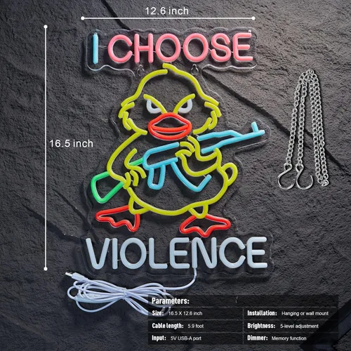 Miniatura 5 de Letrero de neón con texto en inglés "I Choose Violence Duck - Pistola de ganso con luz LED AK 47, decoración con USB, regulables, para pub, tienda
