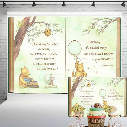 Miniatura 4 de Fondo vintage Pooh Bear Baby Shower Género Neutral Retro Libro Gigante Árbol Primavera Fondo Clásico Recién Nacido Cita Globo Verde Banner 5x3 ft 144