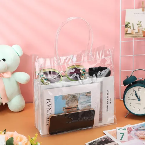 Miniatura 4 de Reginary 85 bolsas de regalo de PVC transparente con asas de 6.89 x 6.89 x 3.54 pulgadas, bolsas de plástico transparente reutilizables a granel