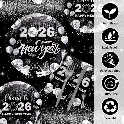 Miniatura 3 de AIBIIN 194 decoraciones de fiesta de Año Nuevo 2026 para platos de fiesta de Año Nuevo, tazas, servilletas, manteles, vajilla, vajilla de disco